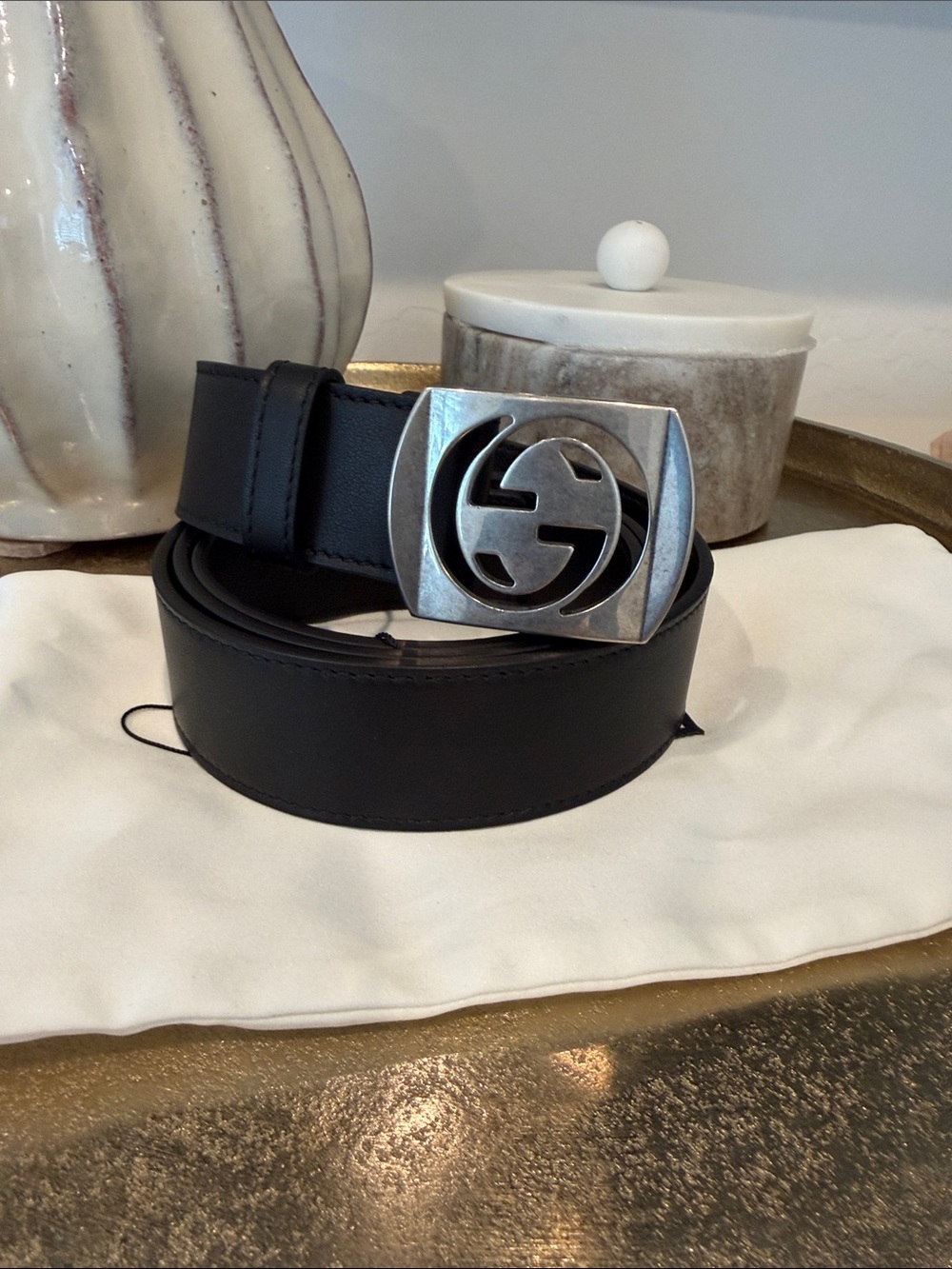 Auth New Men’s Gucci Black Leather Belt w/ Silver Interlocking GG Buckle 105-42